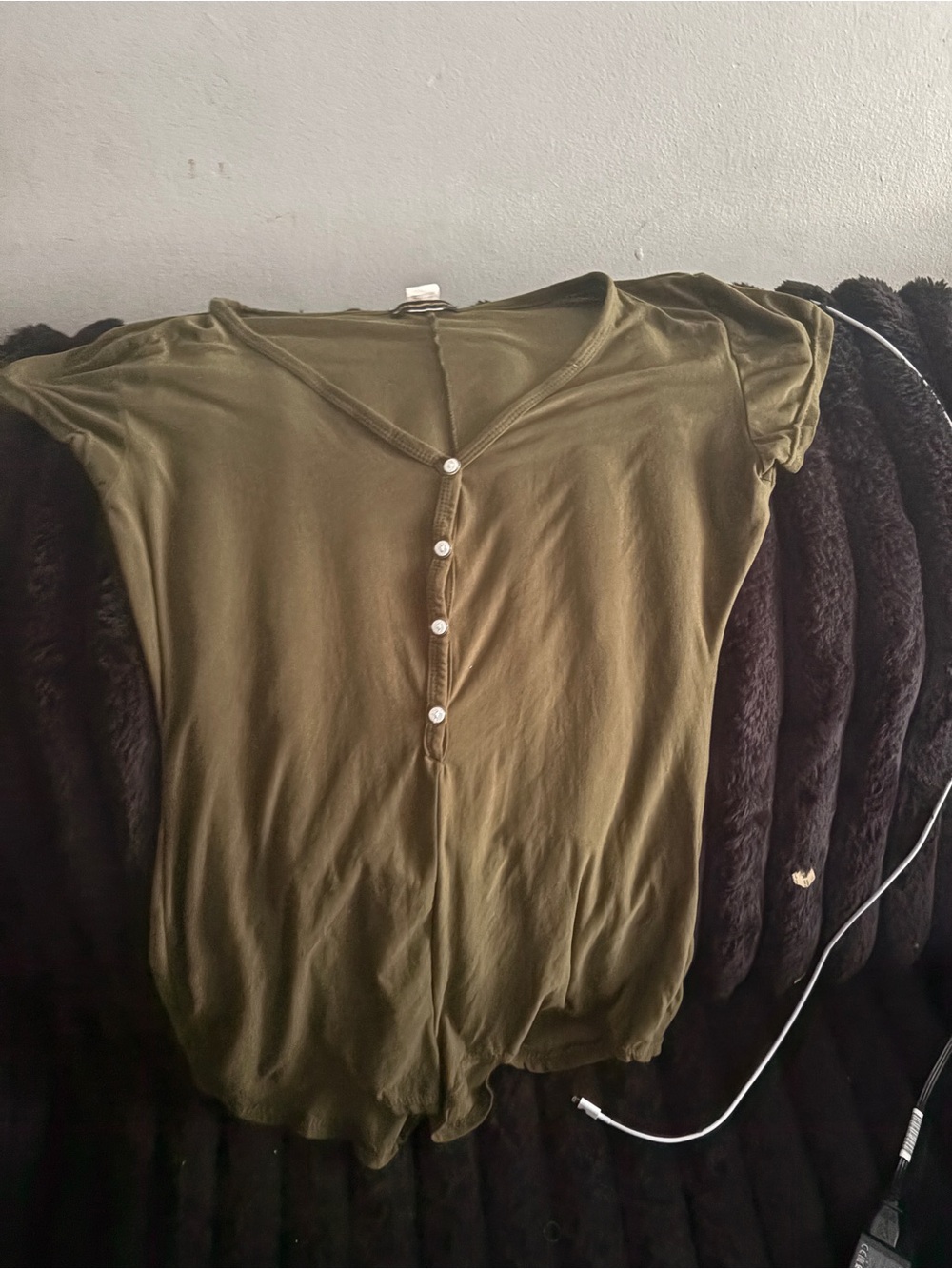 Women's Olive Green Short Sleeve Henley Sleep Top